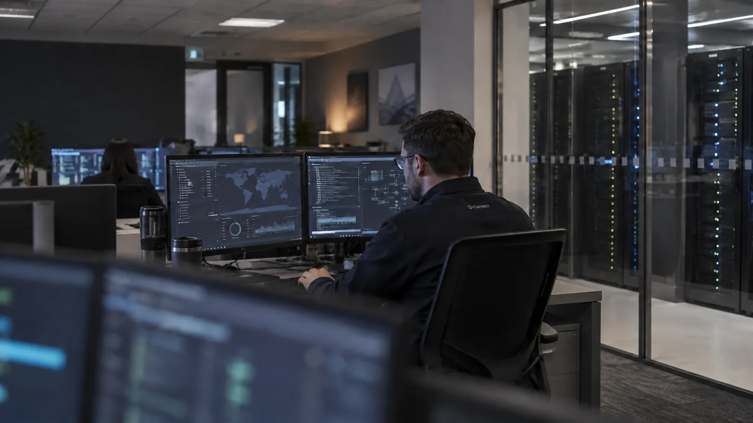 AI-generated illustration of a technology operations workspace with a secure server area behind glass.