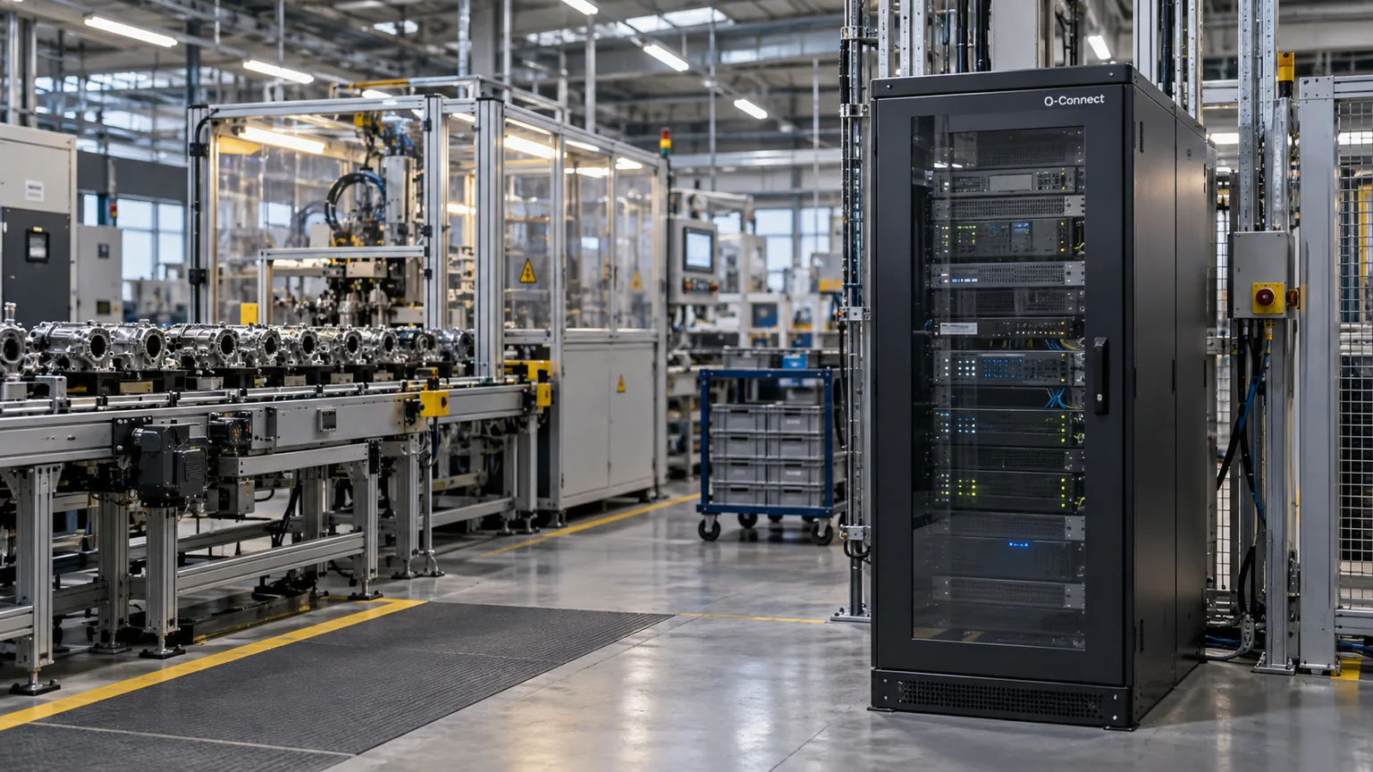 Manufacturing edge infrastructure AI-generated illustration of an edge computing cabinet beside a factory production line.