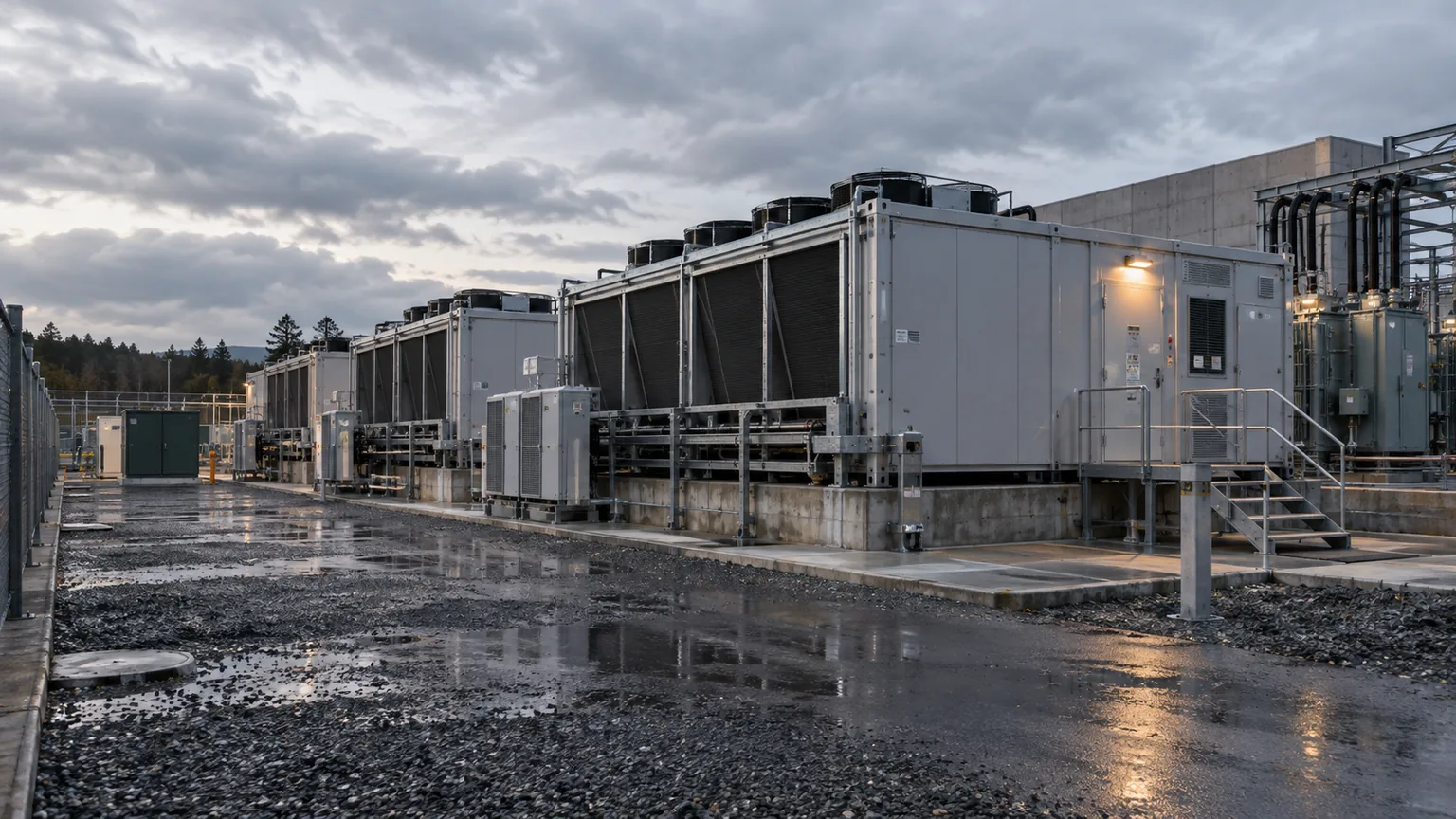 Modular data center deployment AI-generated illustration of a modular container data center with outdoor cooling and power equipment in an industrial yard.