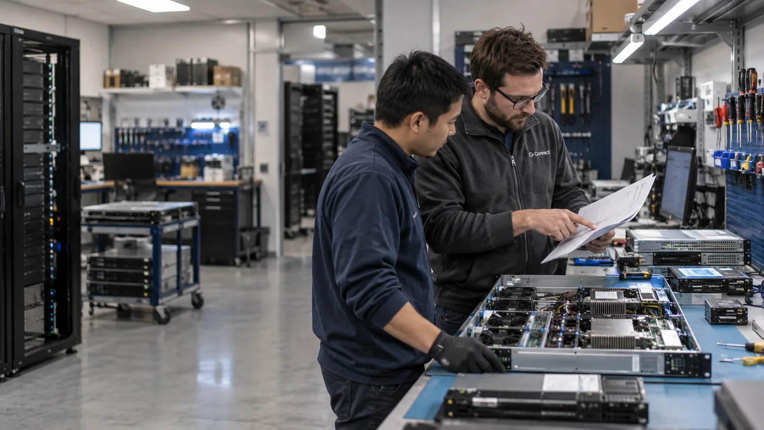 AI-generated illustration of two technicians checking a build sheet beside server components on an integration bench.