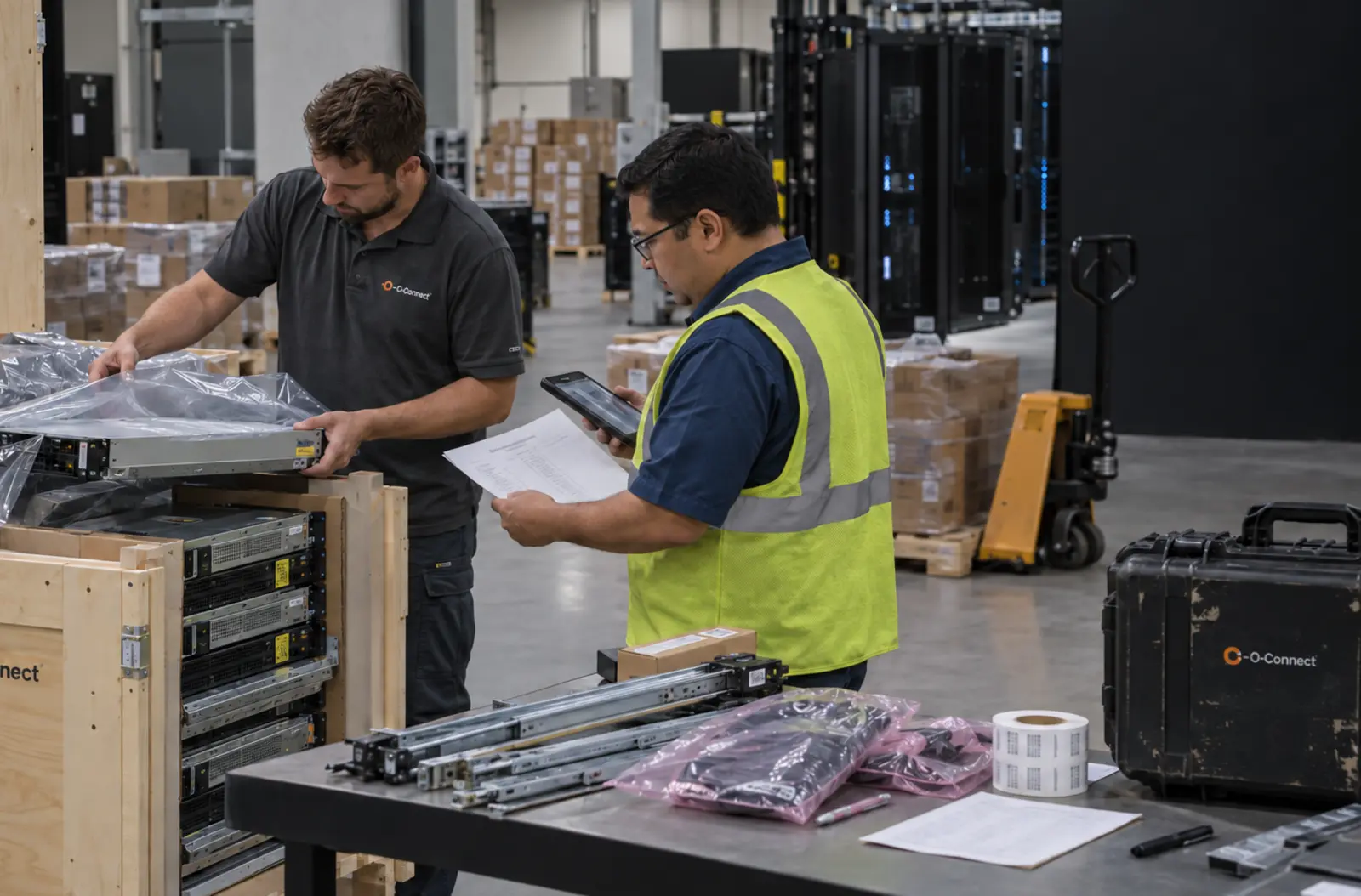 Server receiving and deployment staging O-Connect technicians receiving and reconciling rack-mount servers before deployment