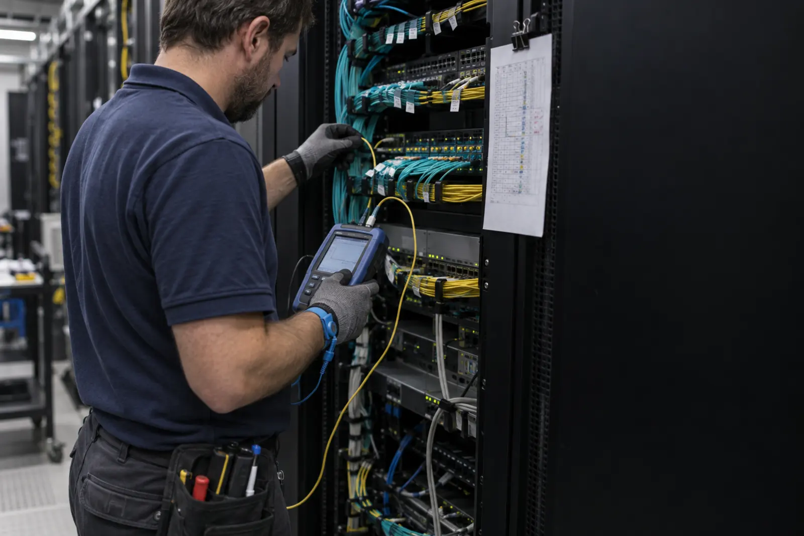 Fiber testing and infrastructure validation A field technician testing fiber paths and port labels in a data center rack